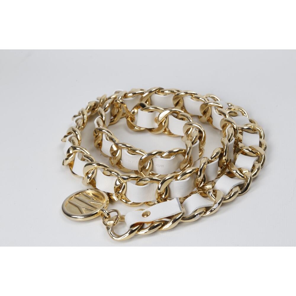 Vintage White Leather Belt Gold Chain Link Interwoven Woven Waist Cinch Rare S
